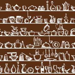 Kitchen utensils on shelves, sketch seamless pattern