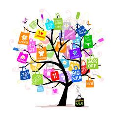 Shopping bags on tree for your design, big sale concept