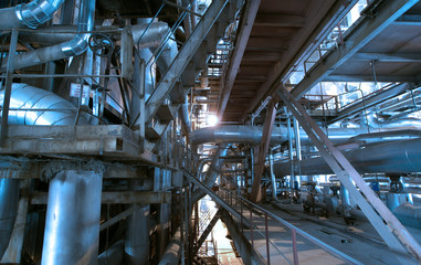 industrial ladders, cables, pipelines in blue tones