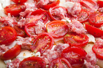 Condiments for Pizza: Mozzarella, Tomato and Sausages