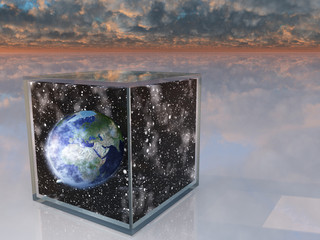 Planet earth and space inside box in surreal scene