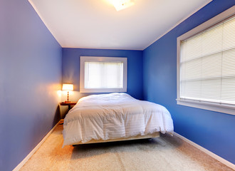 Blue purple bedroom with white blanket and two windows.