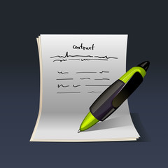 blank note paper with green pen.Contract vector illustration