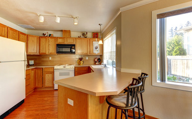 Simple standart American wood  kitchen with hardwood floor.