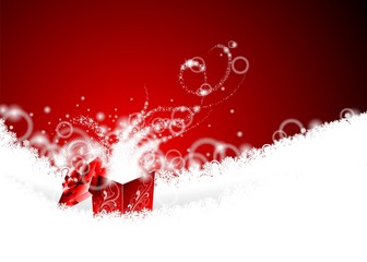 Fototapeta na wymiar Vector Christmas illustration with magic gift box on snowflakes.