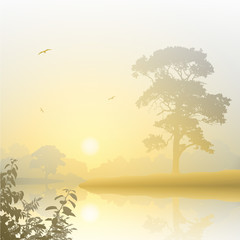 A Misty River Landscape with Sunrise, Sunset