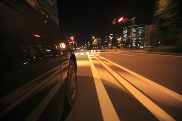 Speed drive on car at night motion blurred