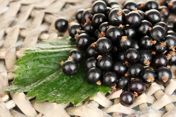 Fresh black currant on wicker mat close-up