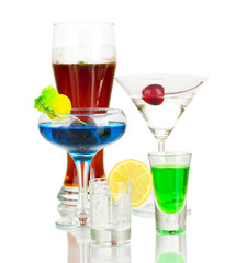 a variety of alcoholic drinks isolated on white