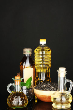 Olive and sunflower oil in the bottles and small decanters