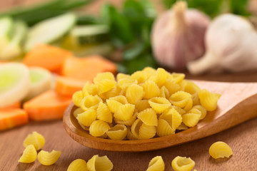 Raw shell pasta or conchiglioni on wooden spoon