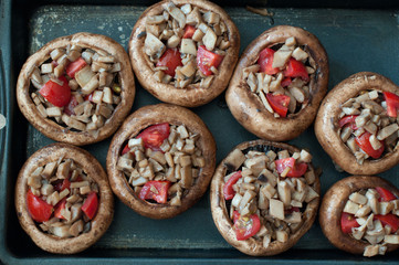 Stuffed mashrooms with tomato in the black form