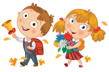 Schoolboy and schoolgirl go to school. Boy ringing the bell