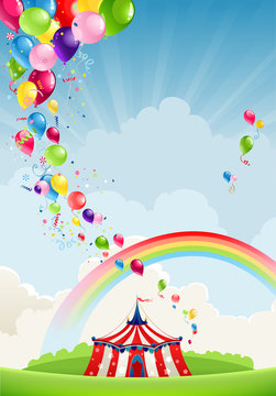 Circus, rainbow and balloons