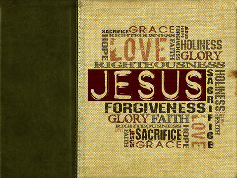 Religious Words on canvas with dark green leather strip