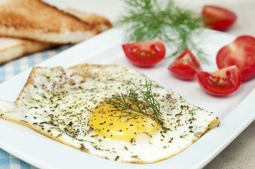 Fried egg, sliced tomato and toasts