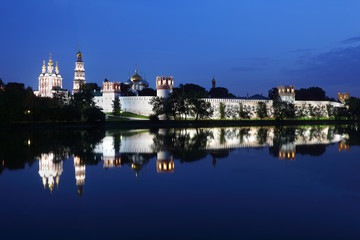 Novodevichy Convent at night, Moscow, Russia.