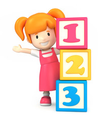 3d render of a girl and building blocks with 123