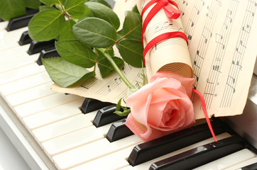 background of synthesizer keyboard with rose