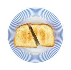 Sandwich on blue striped plate