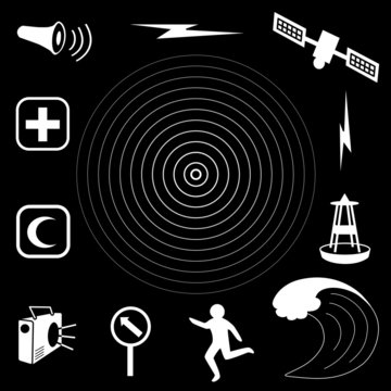 Tsunami Icons. earthquake, disaster, ocean wave, satellite siren