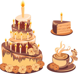 Chocolate birthday cake and coffee