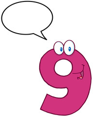 Number Nine Cartoon Mascot Character With Speech Bubble