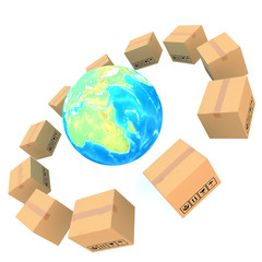 Cardboard boxes around global on white background 3d illustratio © tigger11th