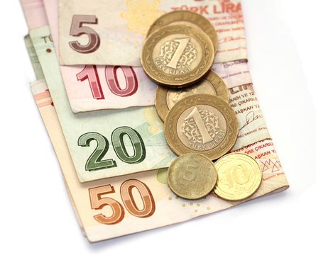 isolated image of Turkish lira coins and folded notes