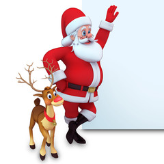3d art illustrtion of santa,reindeer  with sign