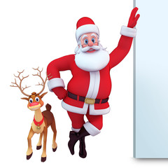 illustrtion of santa with reindeer and sign isolated with white