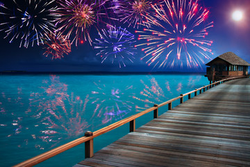 Festive New Year's fireworks over the tropical island