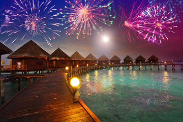 Festive New Year's fireworks over the tropical island