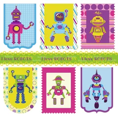 Schilderijen op glas Set Tags - Schattige kleine Robots - voor uw ontwerp of plakboek © wooster