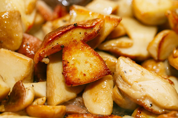 frying white boletus mushrooms in a pan, shallow dof