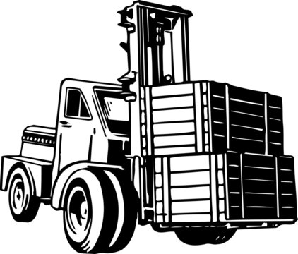 black and white forklift carrying wooden crates clip art preview