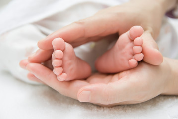 Obraz na płótnie Canvas newborn baby feet on a female hand
