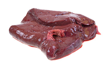 Raw beef liver on white background