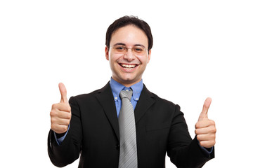 Businessman with thumbs up gesture, isolated on white