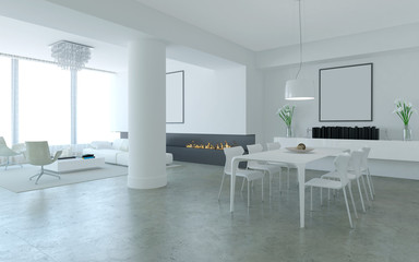 White minimalist lounge style living and dining room with firepl