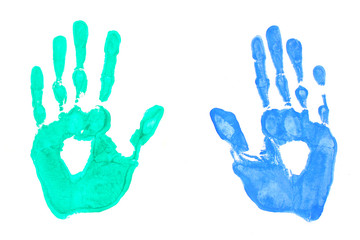 bright blue and green handprints on white background close-up