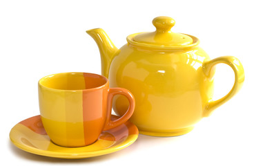 Bright orange cup, saucer and tea pot isolated on white