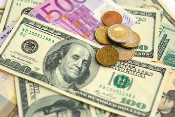 Dollar and Euro bank note money background