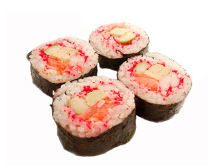 four rolls with shrimp, salmon and red masago isolated