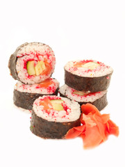 rolls with shrimp, salmon and red masago isolated on white