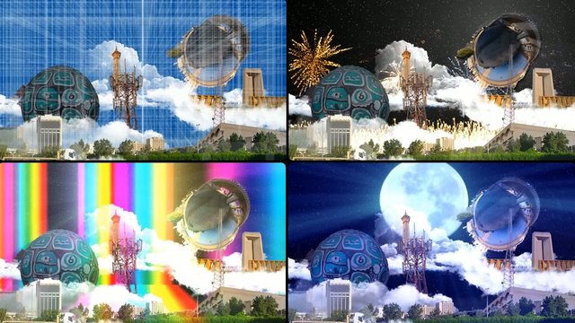 Landmarks with grids and moon and fireworks and spectrum