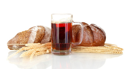 glass of kvass with bread isolated on white background