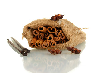 Vanilla pods with spices isolated on white