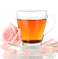cup of tea with rose isolated on white