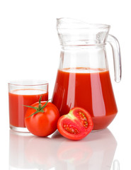 Tomato juice in pitcher and glass isolated on white